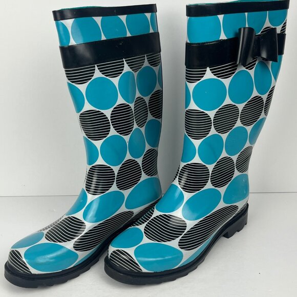Weather Spirits Rain Boots Size 8 Blue Black Rubber Pull On Low Block Heel 1.3in - Picture 2 of 6